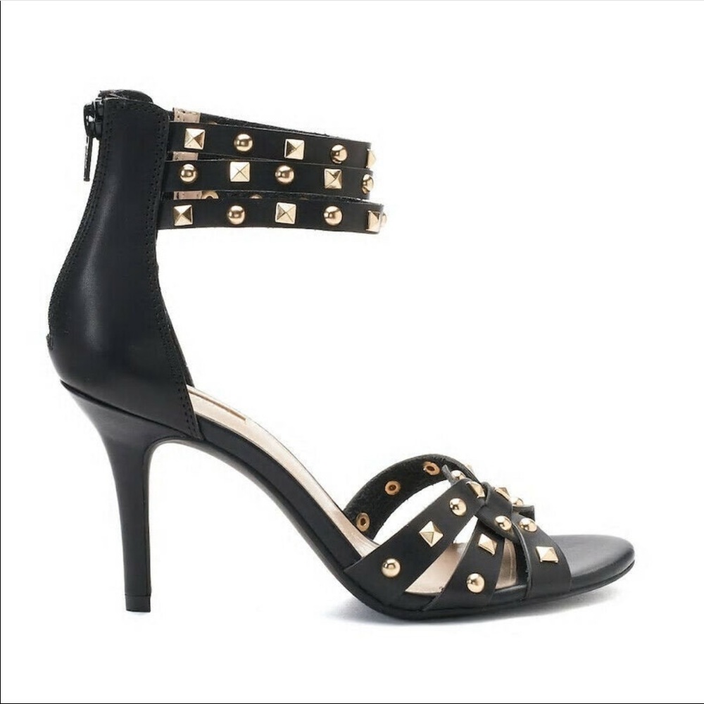Jennifer Lopez Redwood Black open toe high heels, studs & ankle straps size 7.5